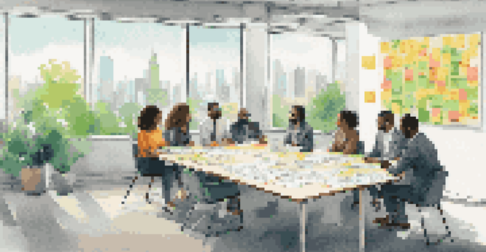 A diverse group of professionals in a bright conference room, collaborating and sharing ideas during a brainstorming session.