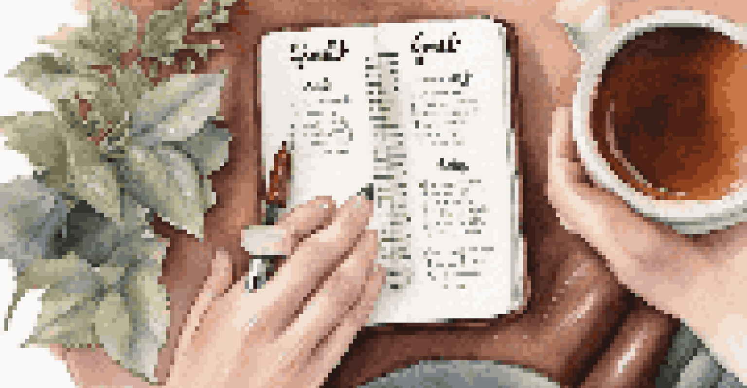 Close-up of hands writing in a planner, with a cup of tea and a cozy blanket around, showcasing written goals.