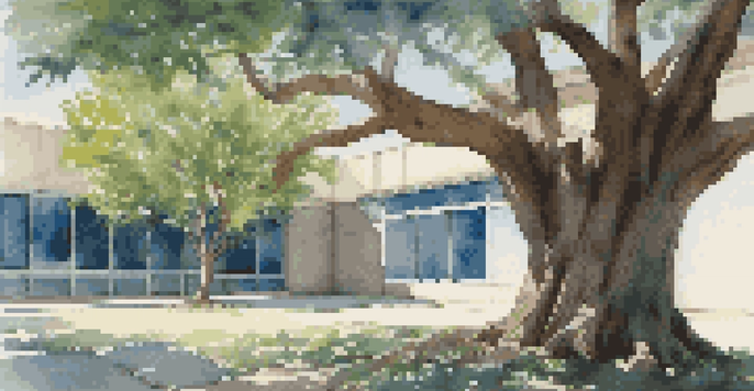 A large tree representing a rigid hierarchy, with branches against a blue sky and sunlight filtering through the leaves.