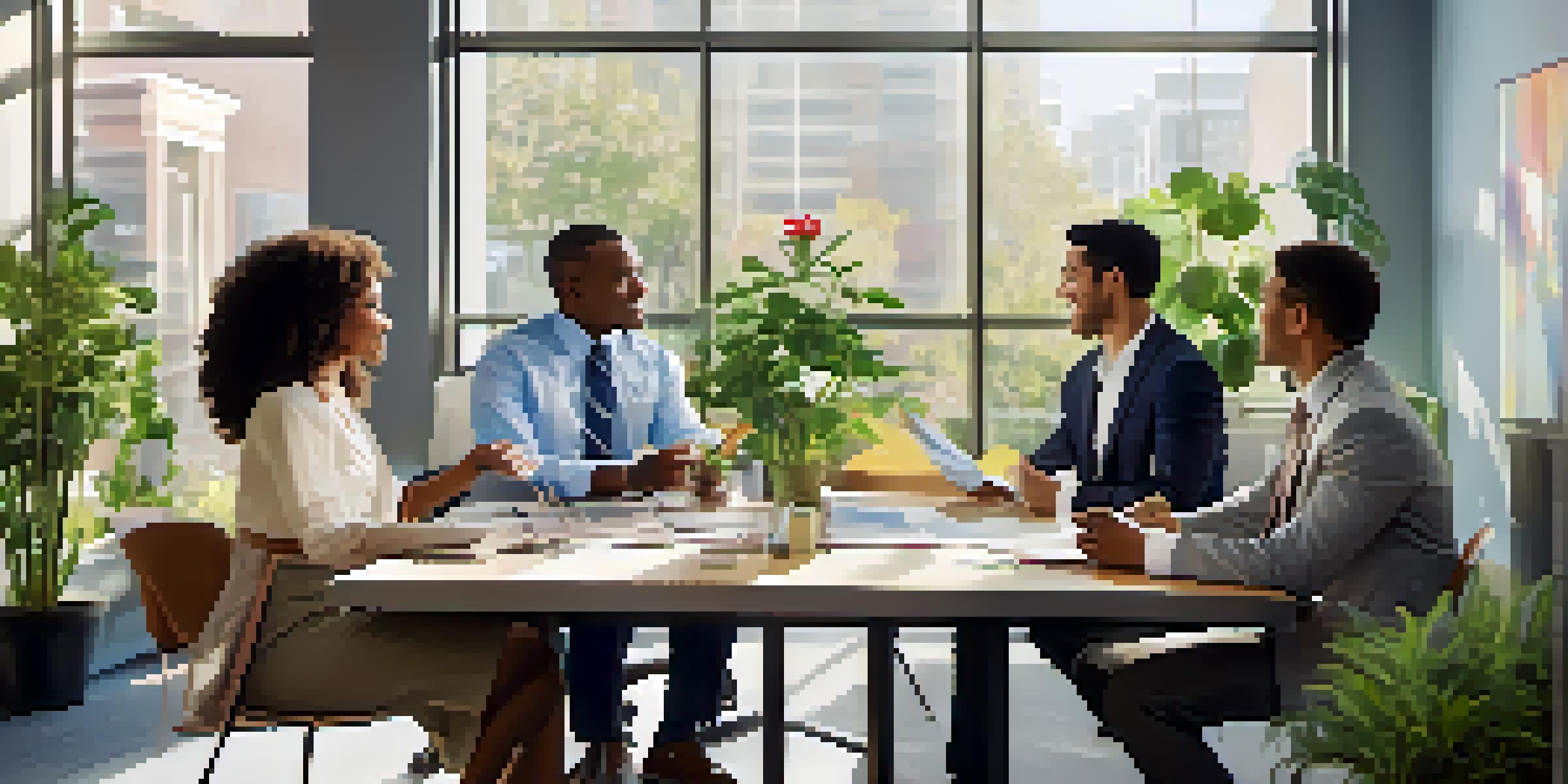 A diverse group of professionals in business attire discussing health insurance options at a table in a bright office setting.
