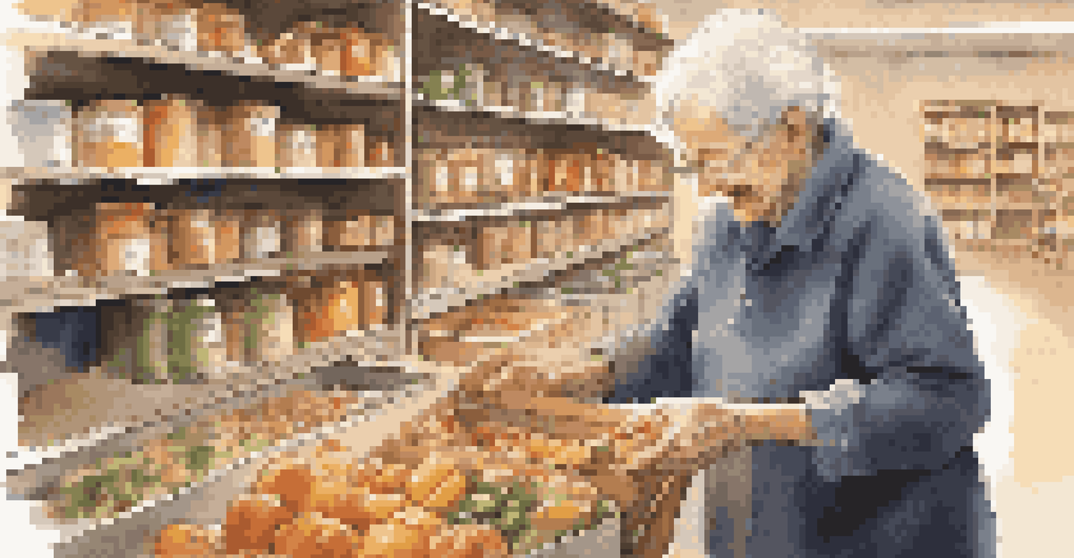 A volunteer handing a warm meal to an elderly person at a food bank, with warm lighting and shelves of food in the background.