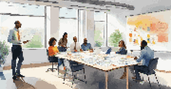 A diverse team of professionals in a bright office brainstorming around a table with a whiteboard filled with notes.