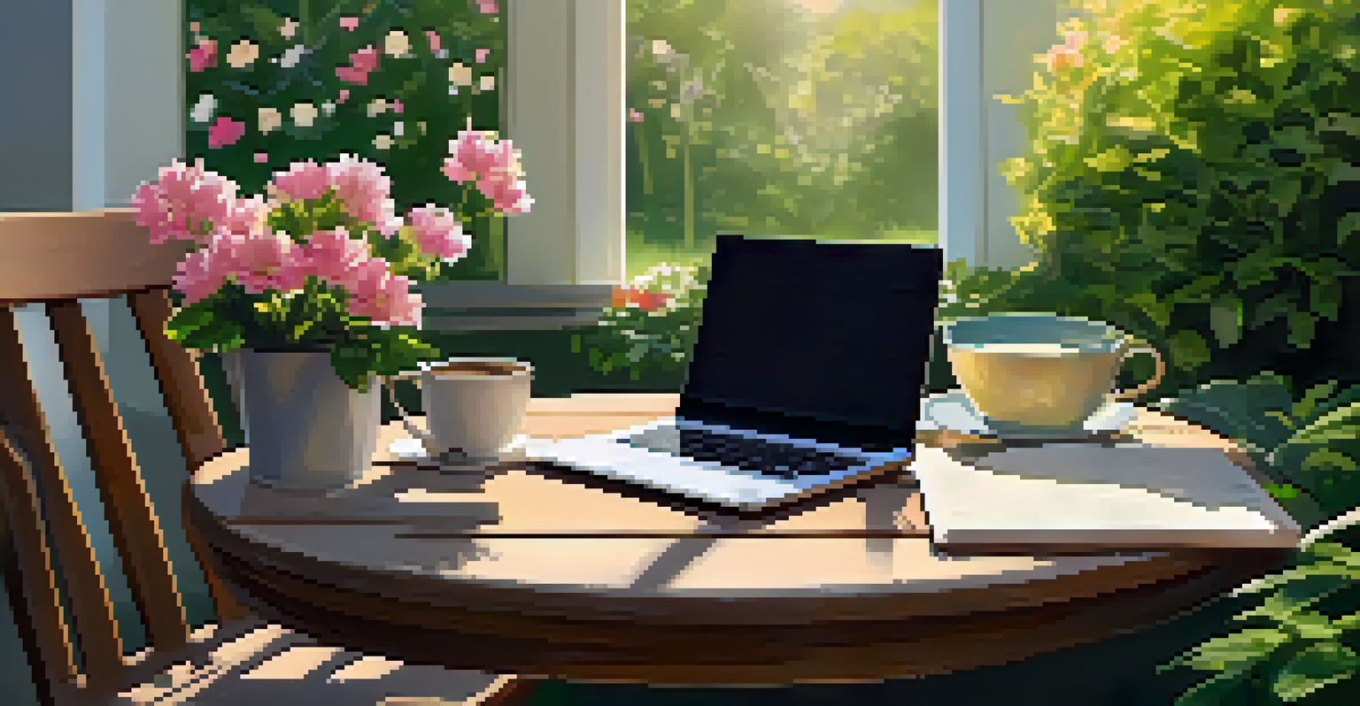 An outdoor workspace in a garden with a laptop, coffee cup, and flowers, bathed in dappled sunlight.