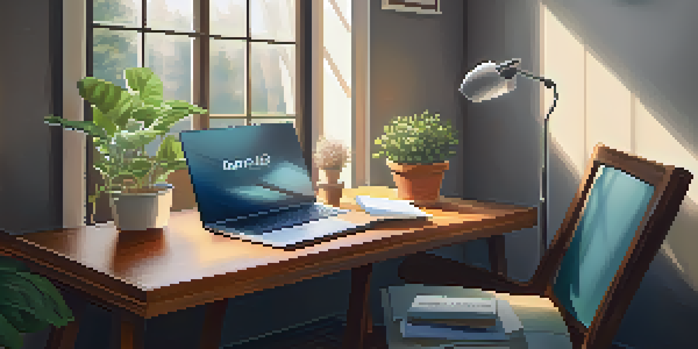 A peaceful workspace with a wooden desk, laptop, coffee cup, and potted plant, illuminated by natural sunlight.