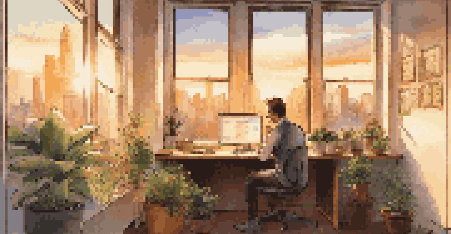 A young professional in a bright office space, journaling at a desk with a view of the city skyline during sunset.