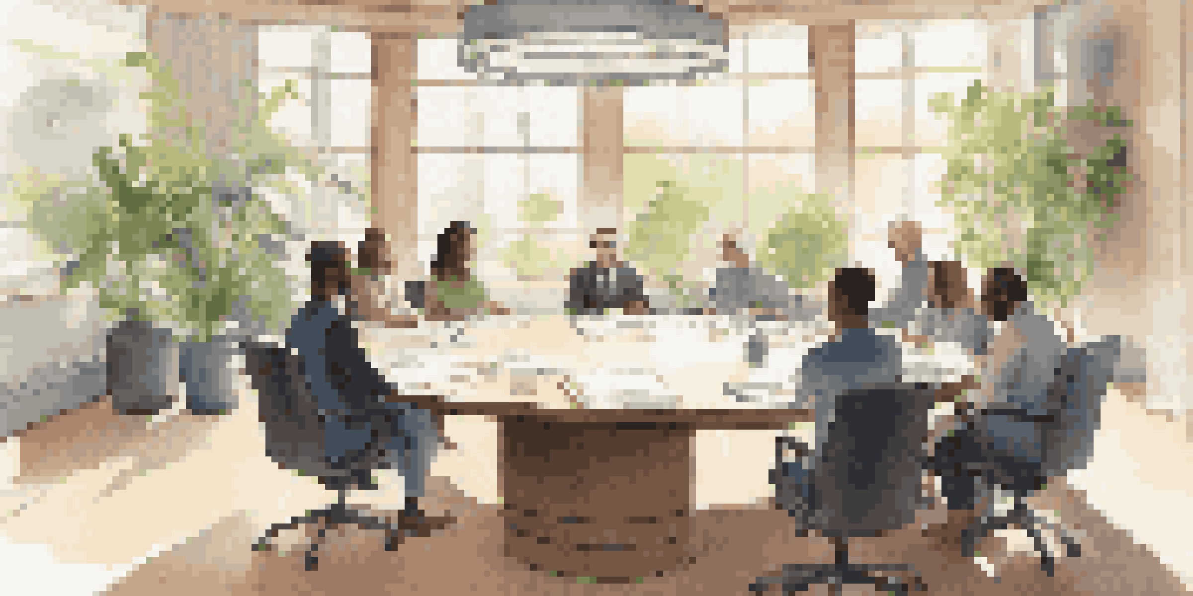A conference room with a round table surrounded by diverse individuals engaged in discussion, bathed in natural light.