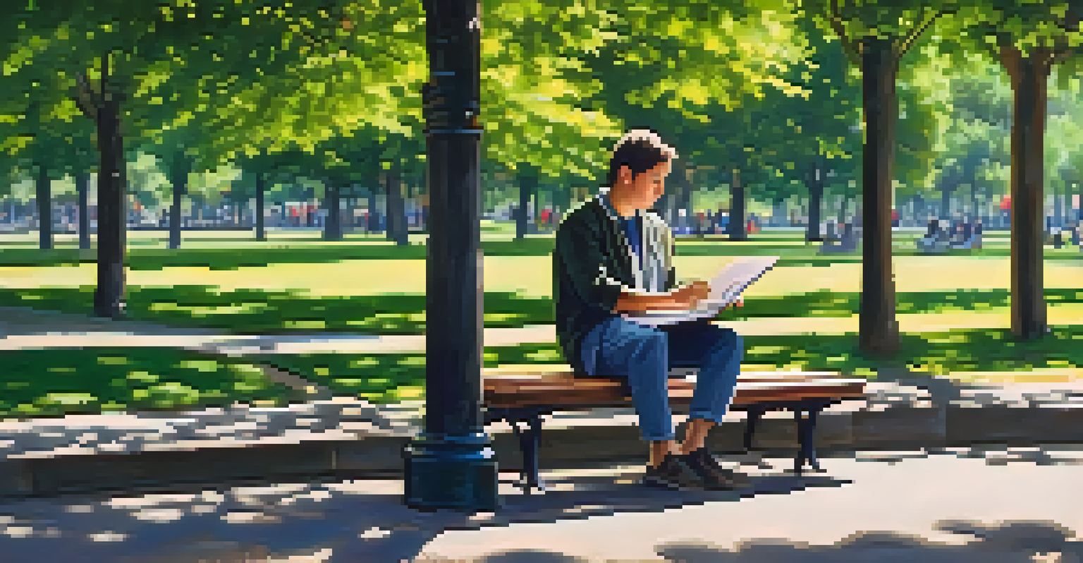 A person practicing a foreign language in a park, sitting on a bench with a notebook, surrounded by nature.