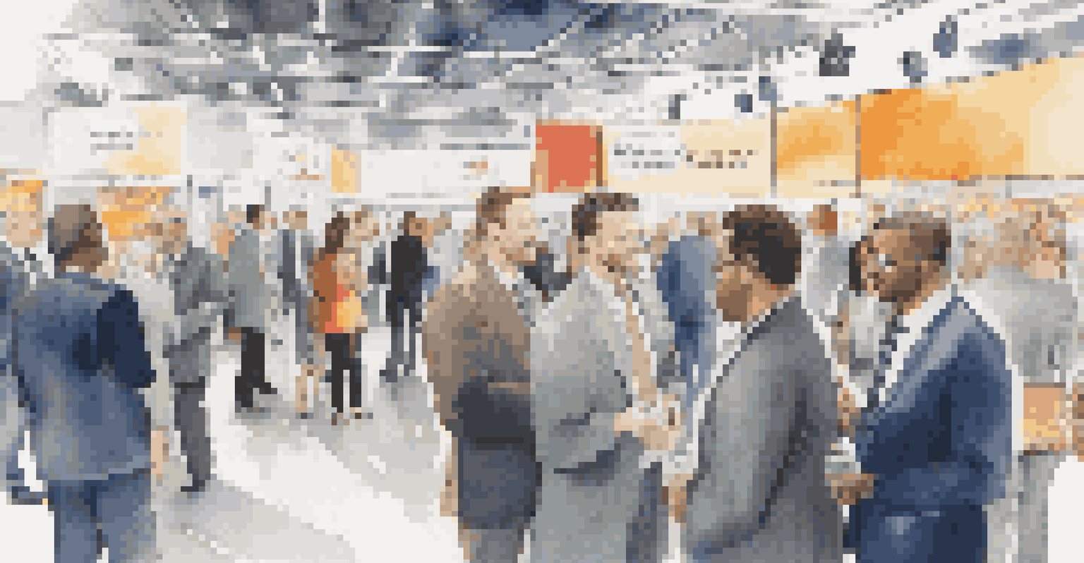 A diverse group of professionals networking at an industry event, surrounded by banners and booths.