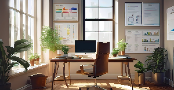 A bright office space featuring a wooden desk with a laptop displaying financial graphs, a potted plant, and motivational posters on the walls.