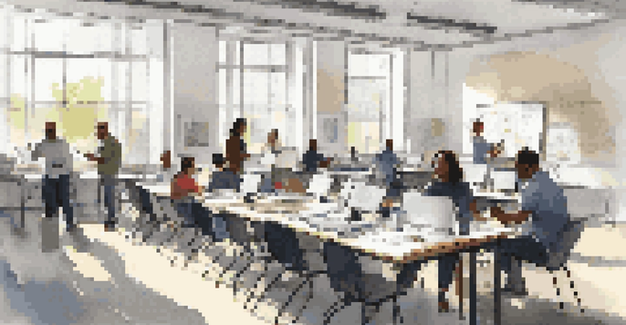 A diverse group of professionals participating in a certification training session in a well-lit workspace, with laptops and notes on the tables.