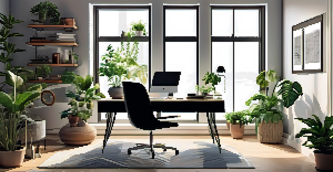 A modern home office with a desk, laptop, and plants, illuminated by natural light from a large window.