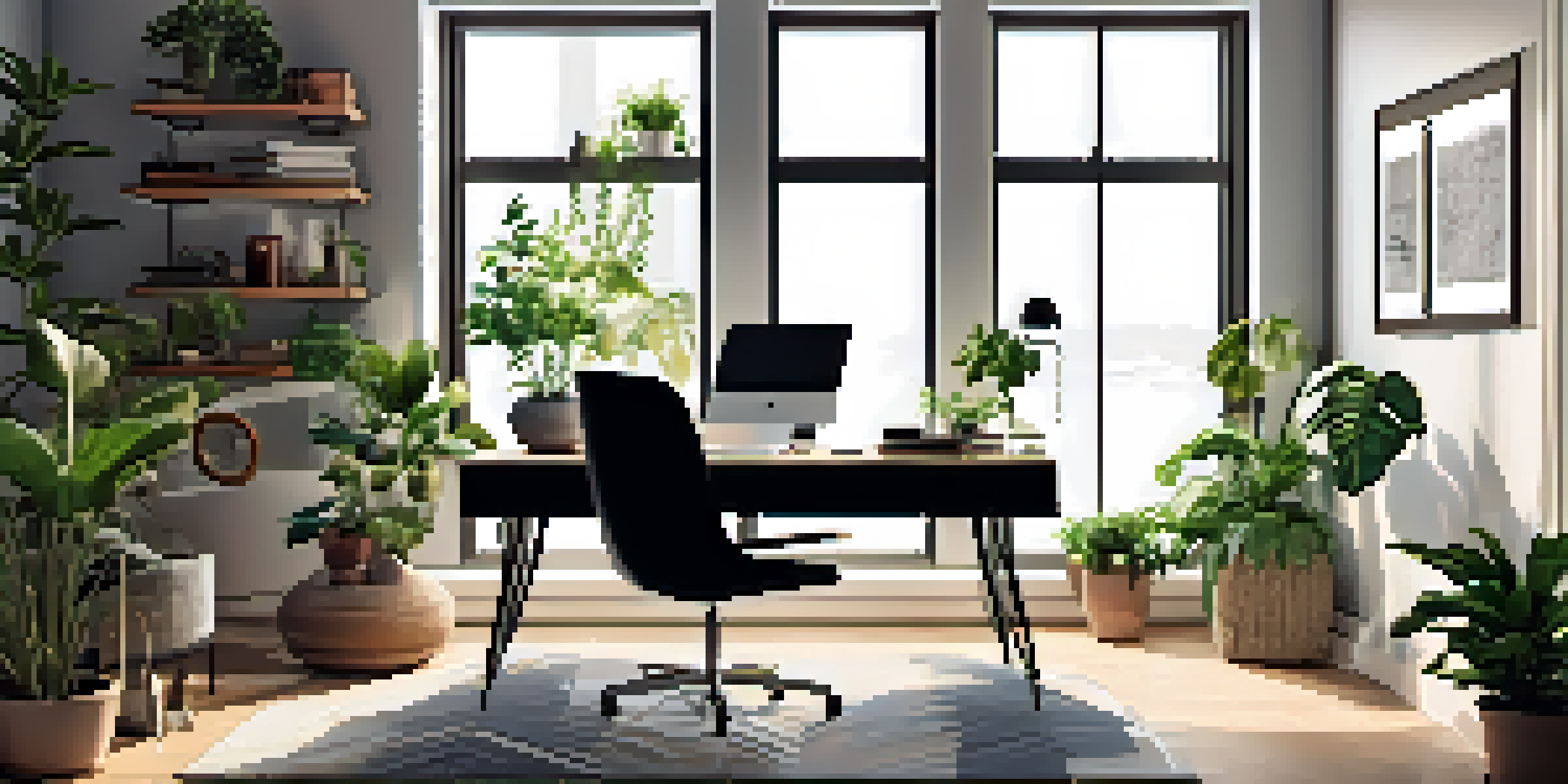 A modern home office with a desk, laptop, and plants, illuminated by natural light from a large window.