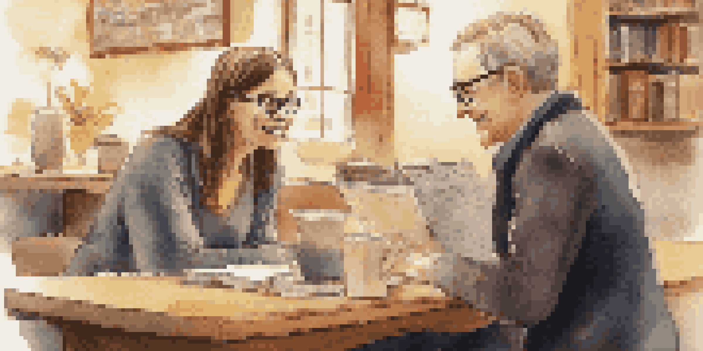 A mentor discussing with a mentee in a cozy coffee shop, with warm lighting and bookshelves in the background.