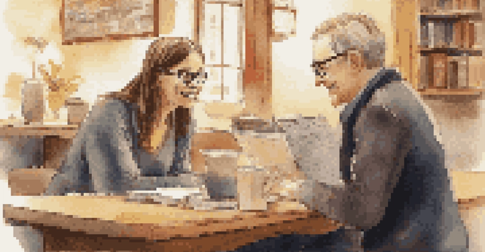 A mentor discussing with a mentee in a cozy coffee shop, with warm lighting and bookshelves in the background.