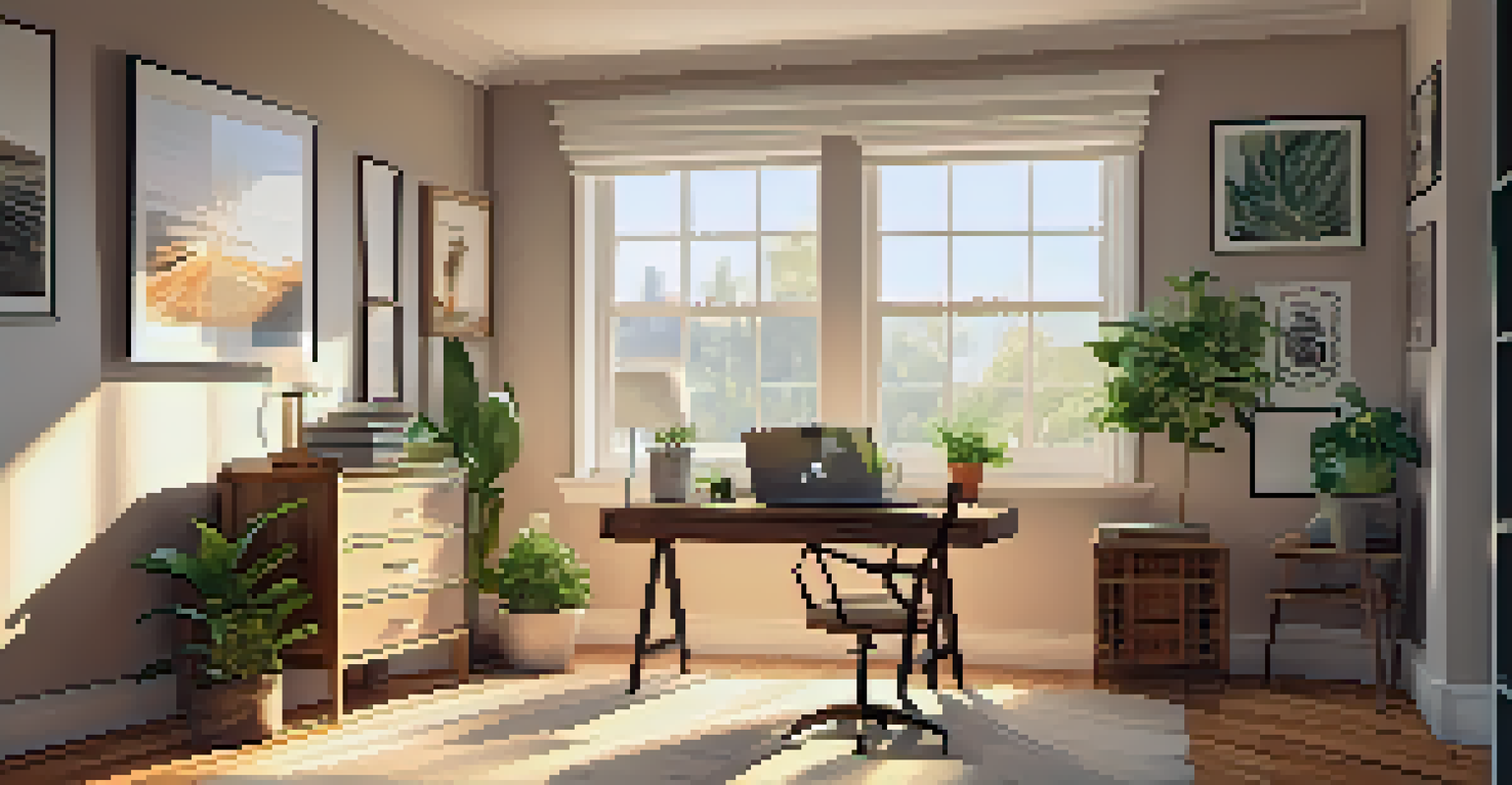 A cozy home office space with a desk, laptop, tea, and a plant, illuminated by natural sunlight.