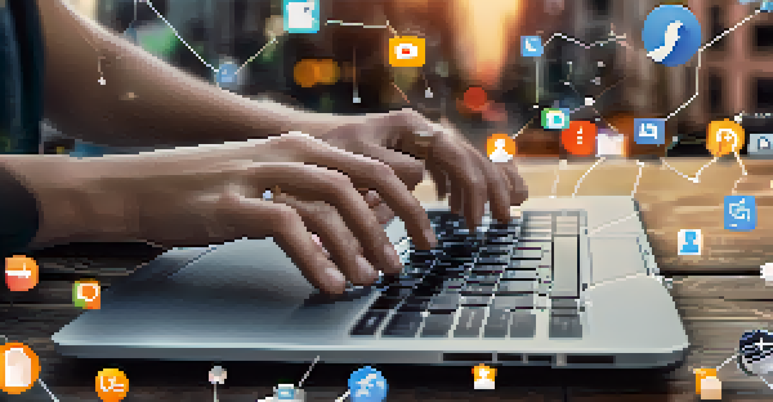 Close-up of hands typing on a laptop keyboard with floating social media icons, against a blurred city street background.