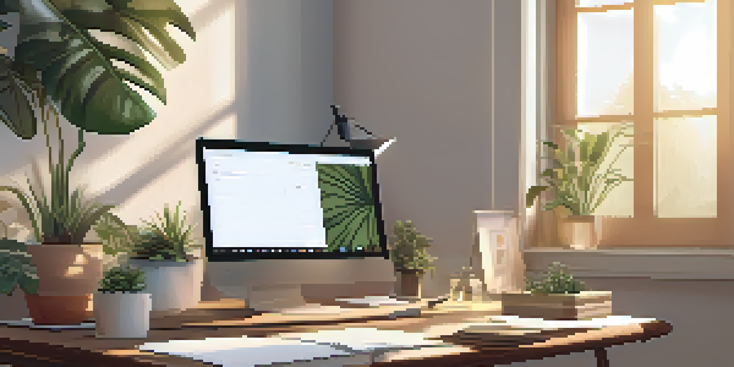 A wooden desk with a laptop, a potted plant, and a notepad filled with goals, bathed in soft, warm light from a window.