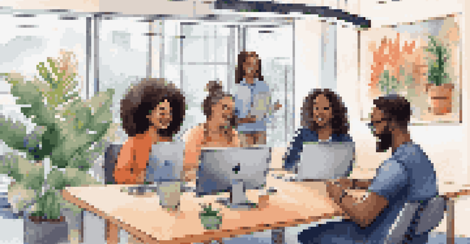 A diverse group of individuals participating in a video conference, showcasing various cultural backgrounds in a modern office setting.