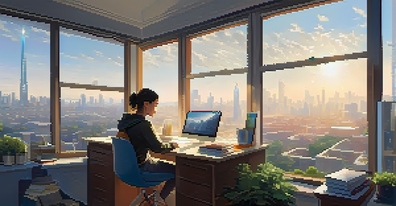 A student studying quantum computing in a cozy study environment with books and a laptop.