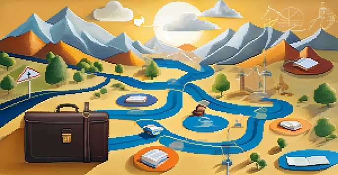 A colorful career map illustration showing a winding path with career-related icons and a scenic landscape in the background.