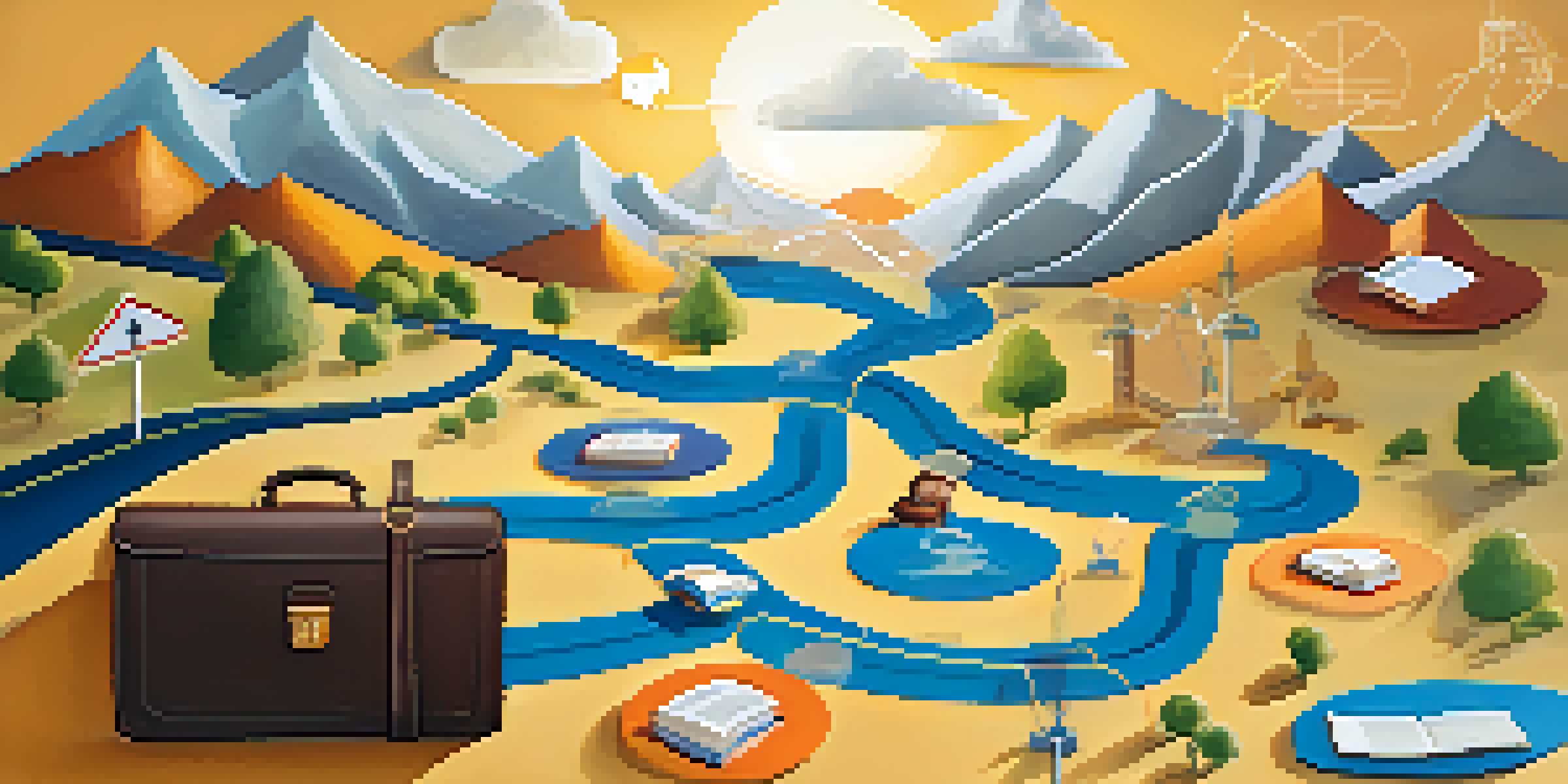 A colorful career map illustration showing a winding path with career-related icons and a scenic landscape in the background.