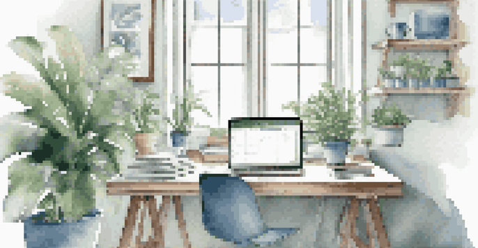 A modern workspace with a laptop, planner, coffee cup, and plants, illuminated by natural light.