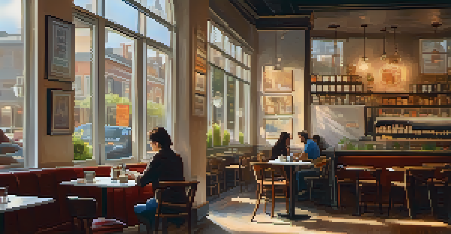 A person writing in a notebook with a cup of coffee in a cozy café, surrounded by soft lighting and a blurred background of other patrons.