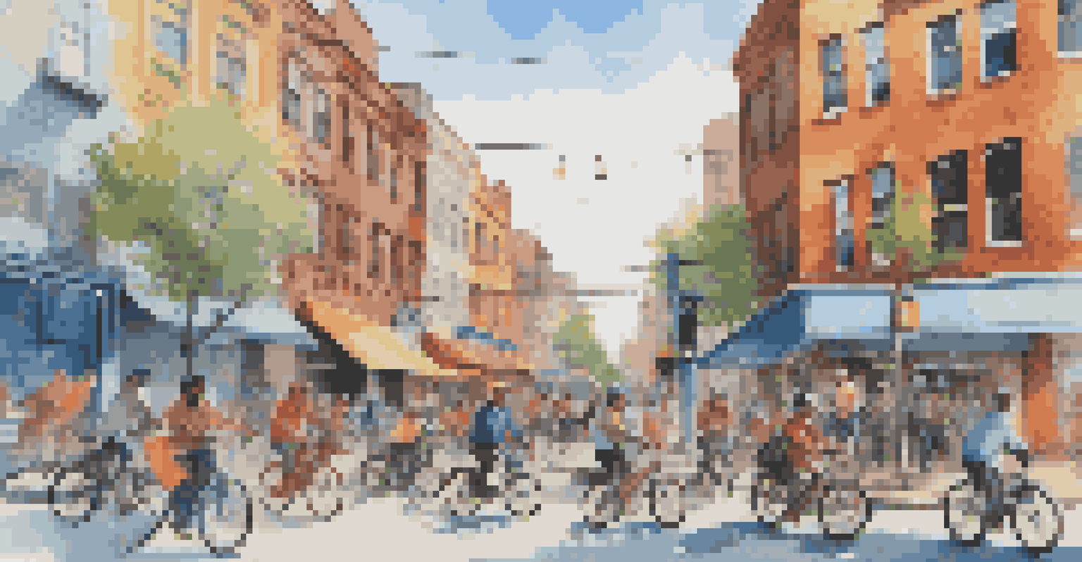 A lively urban street with gig economy workers on bikes and using mobile devices, surrounded by colorful storefronts.