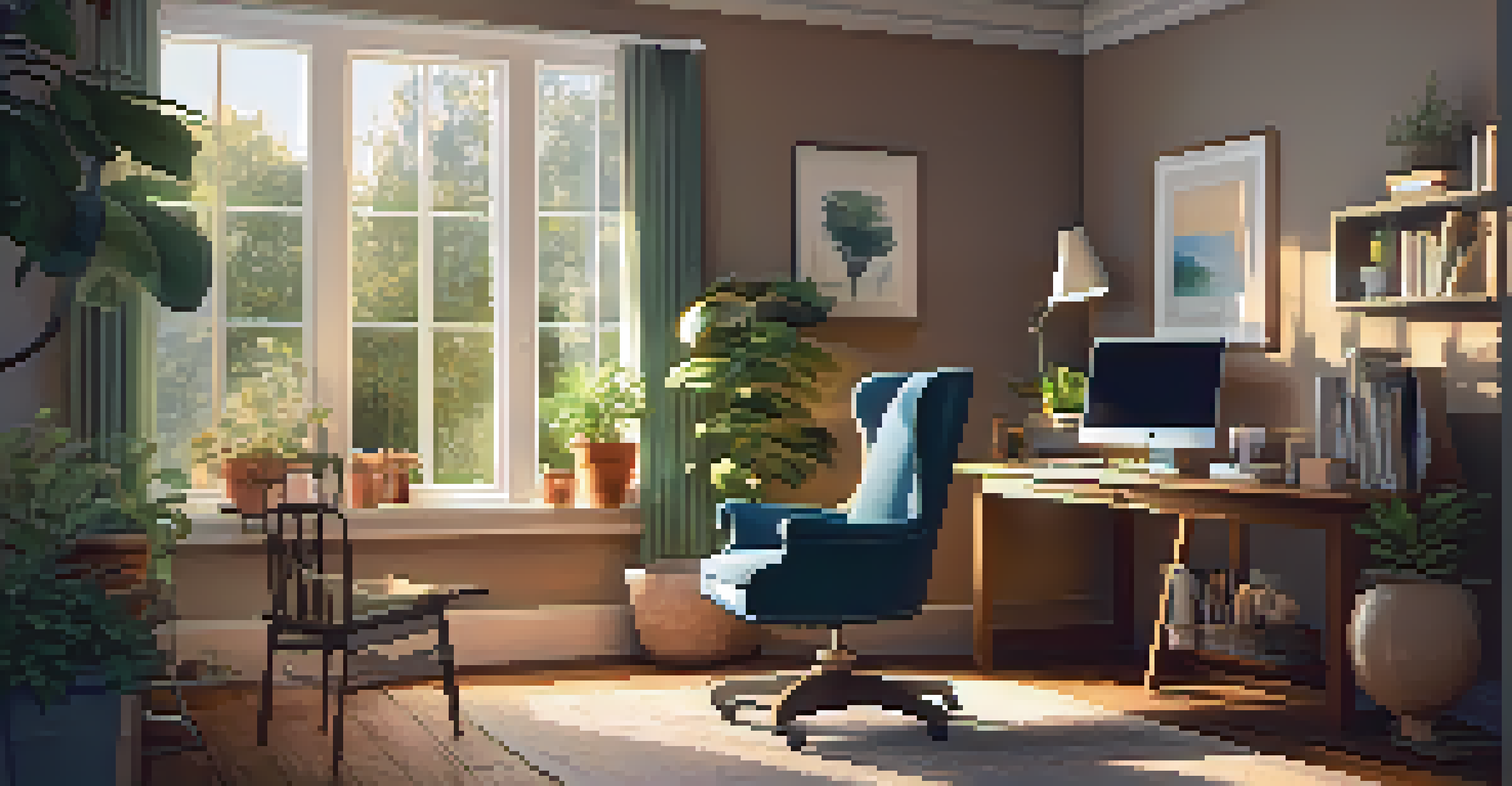 A cozy home workspace featuring a chair, desk with books and a laptop, and warm lighting, with a garden view outside the window.