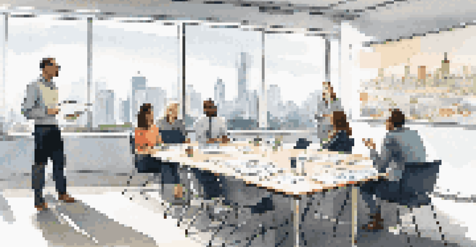 Colleagues participating in a feedback session around a conference table, with a bright room and a city skyline view.