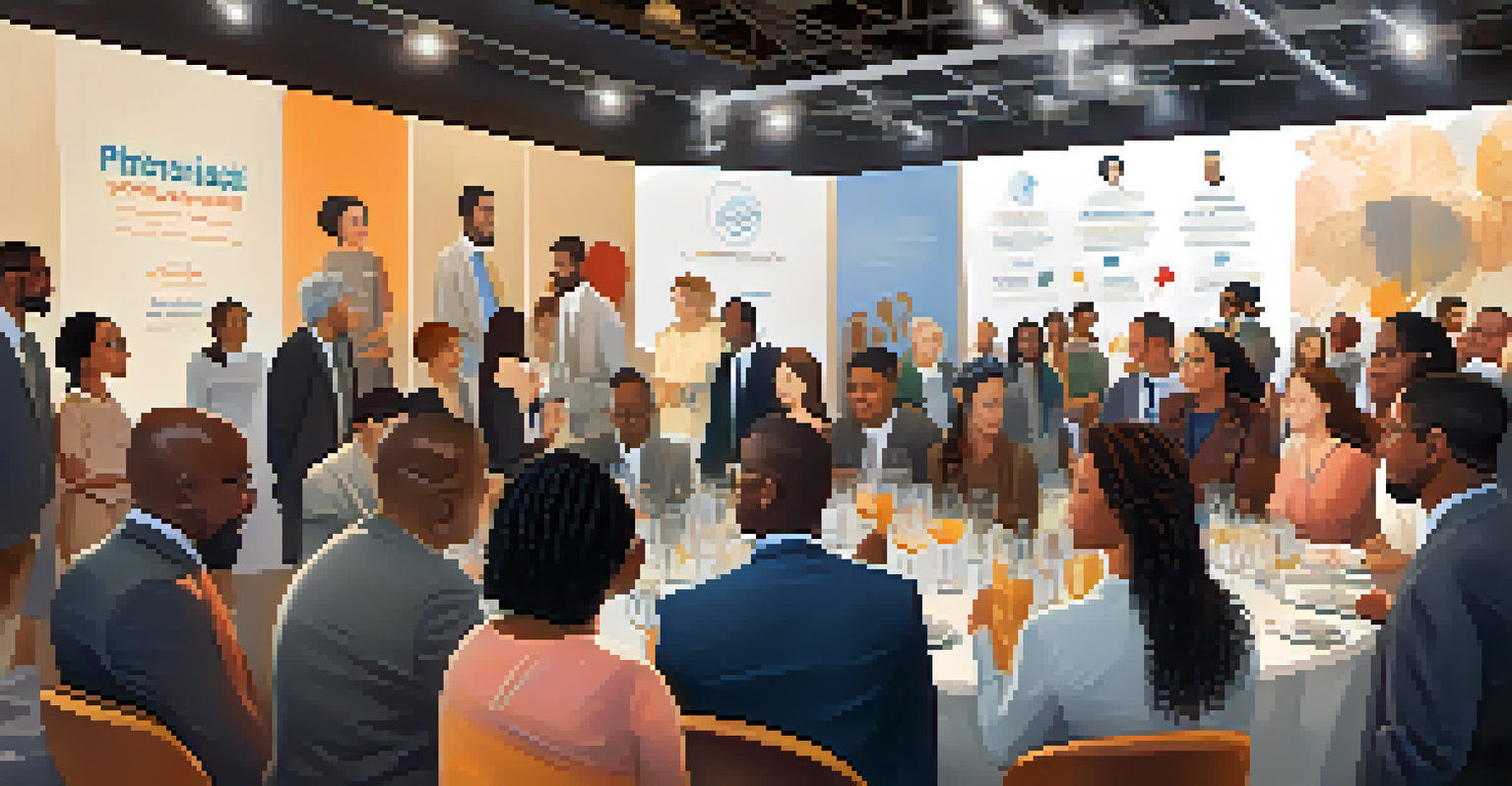 A diverse group of professionals networking at an event, with one speaker engaging the audience in a friendly atmosphere.