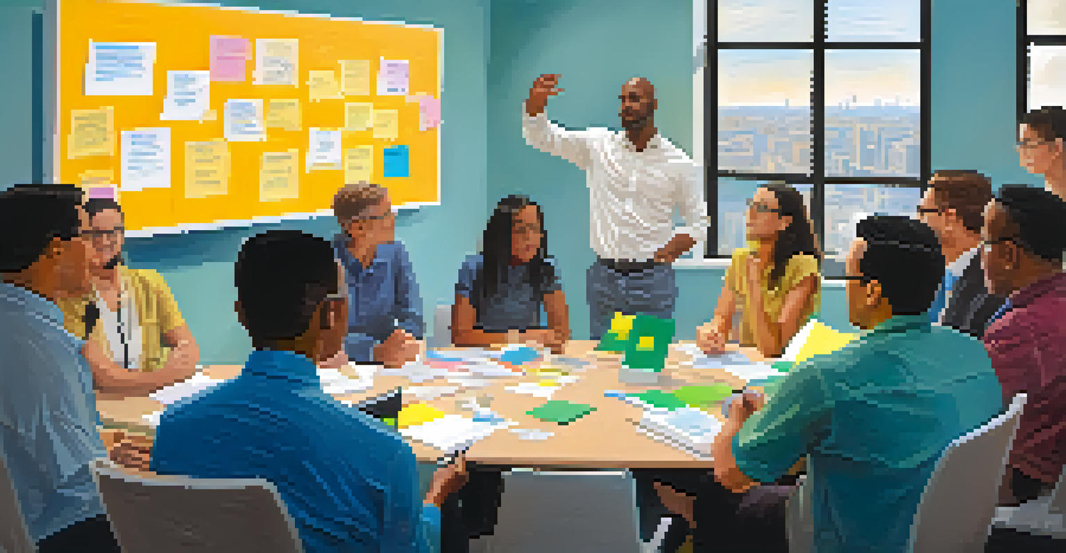 A leader guiding a group discussion with team members sharing ideas and brainstorming in a colorful office environment.
