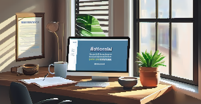 A warm and inviting office space featuring a wooden desk, an open laptop, a potted plant, and a cup of coffee, with sunlight filtering through a window.