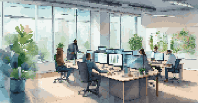 A diverse group of professionals in a modern office collaborating on AI data analytics displayed on a screen.