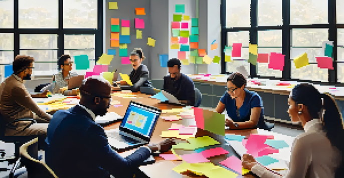 A diverse group of professionals collaborating at a conference table with sticky notes and laptops, in a well-lit room.