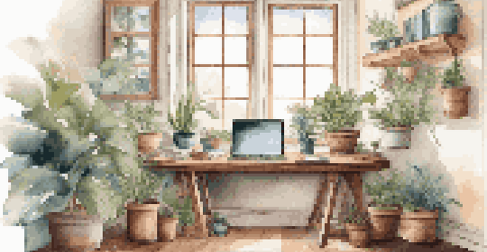 A bright and inviting workspace with a desk, laptop, and plants, illuminated by natural light.