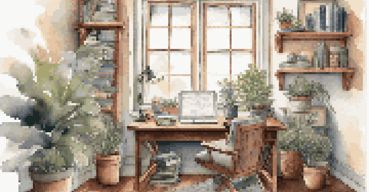 A person writing in a journal at a cozy home office, surrounded by books and plants in warm natural light.