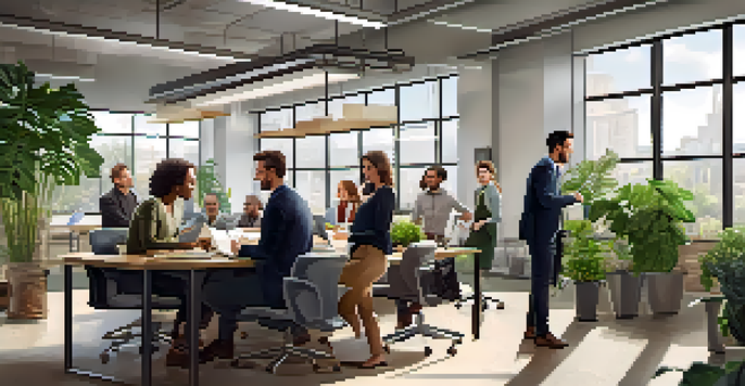 A group of diverse employees working together in a bright and modern office environment, discussing ideas with enthusiasm.