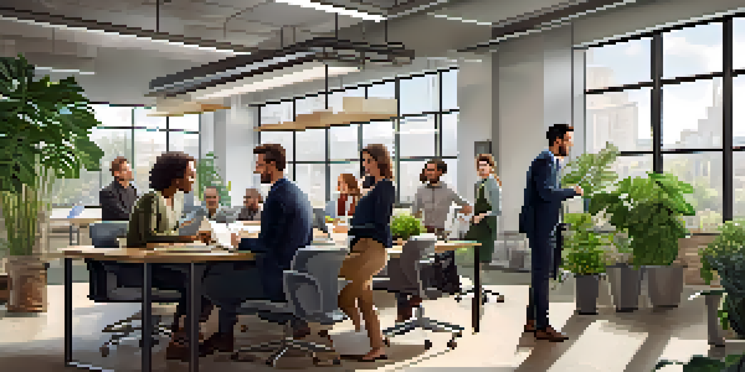 A group of diverse employees working together in a bright and modern office environment, discussing ideas with enthusiasm.