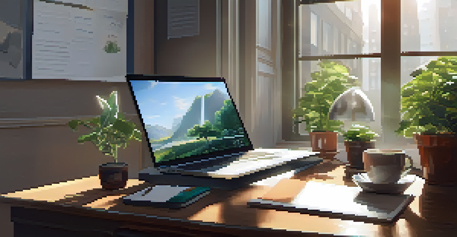 A peaceful office workspace with a wooden desk, laptop, notepad, and coffee cup, illuminated by sunlight through a window.