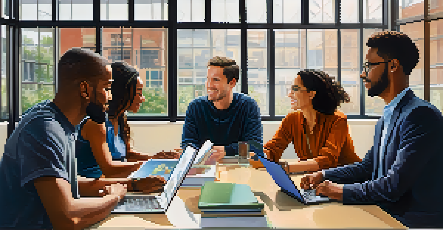 A diverse group of people discussing around a table with laptops and books, in a bright conference room.