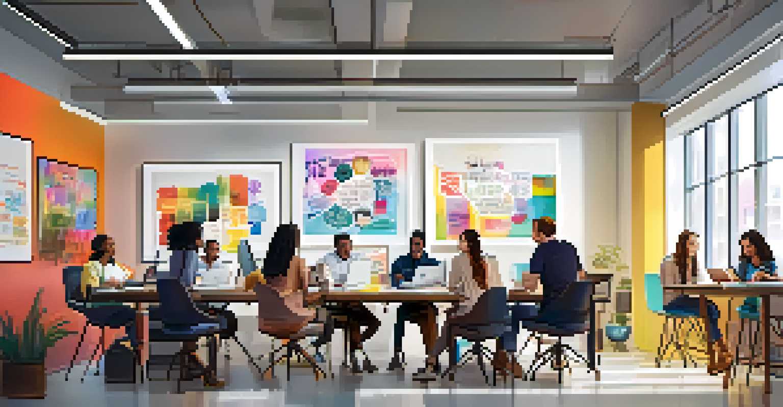 A diverse group of interns working together at a large table in a bright office, brainstorming ideas with laptops and notepads.