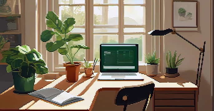 A bright and organized workspace with a laptop, notebooks, coffee mug, and a potted plant under sunlight.