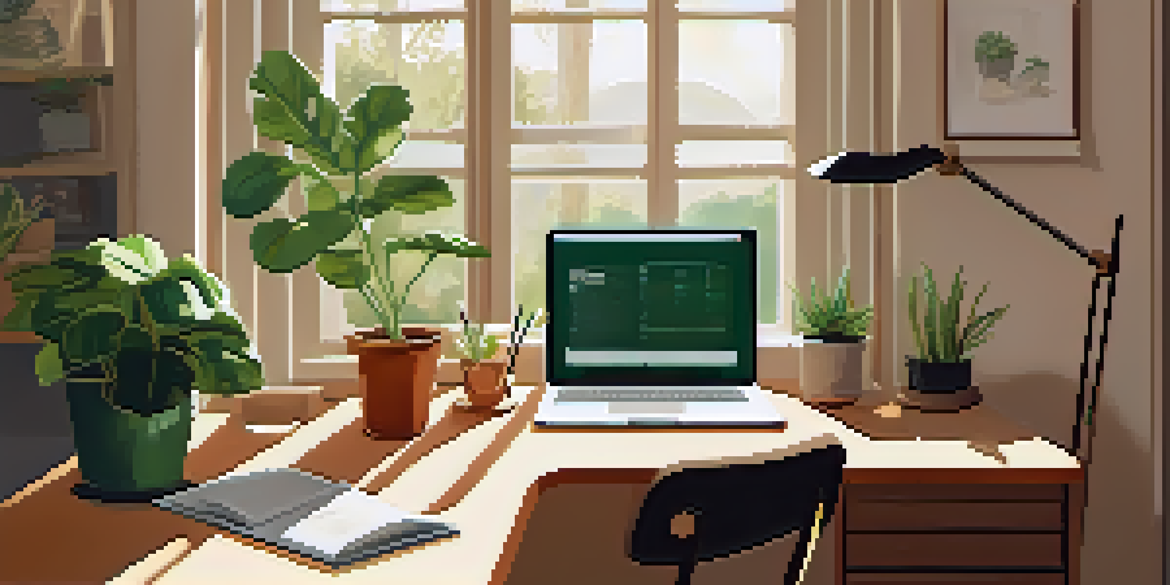 A bright and organized workspace with a laptop, notebooks, coffee mug, and a potted plant under sunlight.