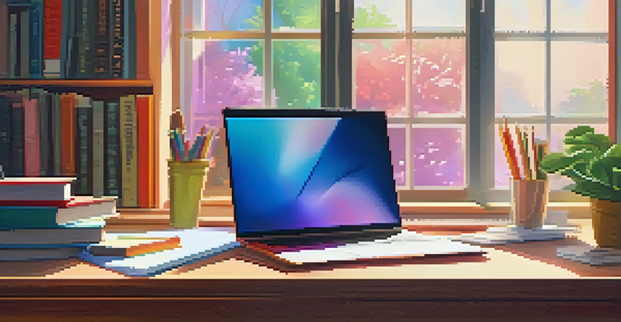 A bright and modern workspace with a laptop, potted plant, and colorful notepad, illuminated by sunlight from a window.