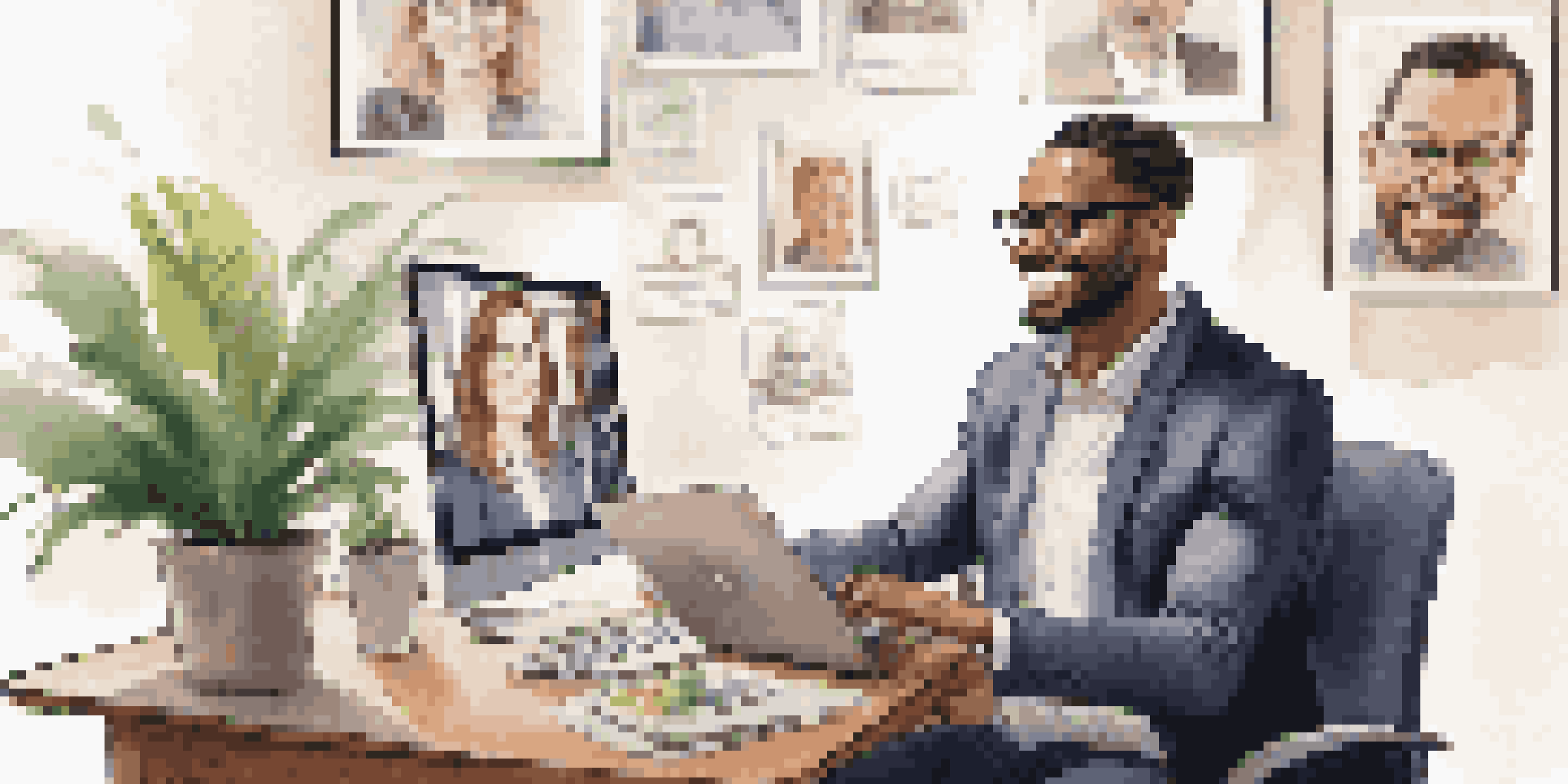 A career coach conducting a video call with a client in a well-lit office, surrounded by motivational posters and a plant.