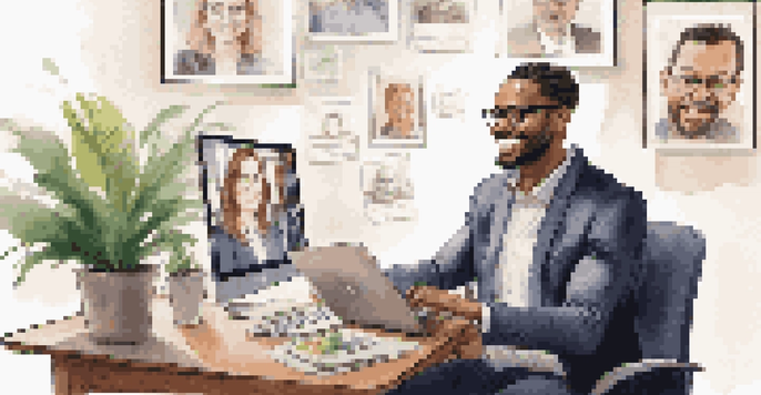 A career coach conducting a video call with a client in a well-lit office, surrounded by motivational posters and a plant.