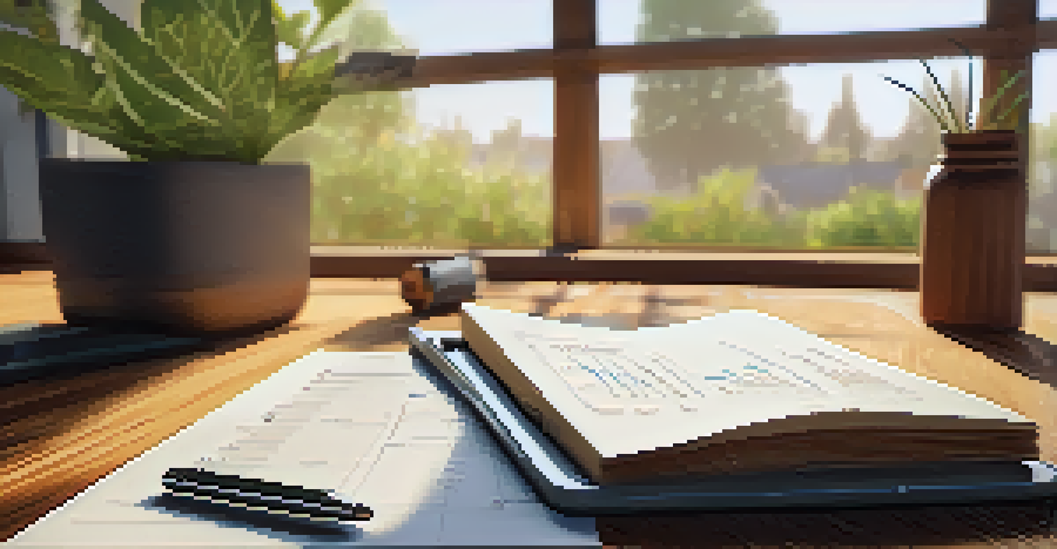 A close-up of a person analyzing a SWOT analysis chart on a wooden desk, with eco-friendly items and warm sunlight filtering through a window.