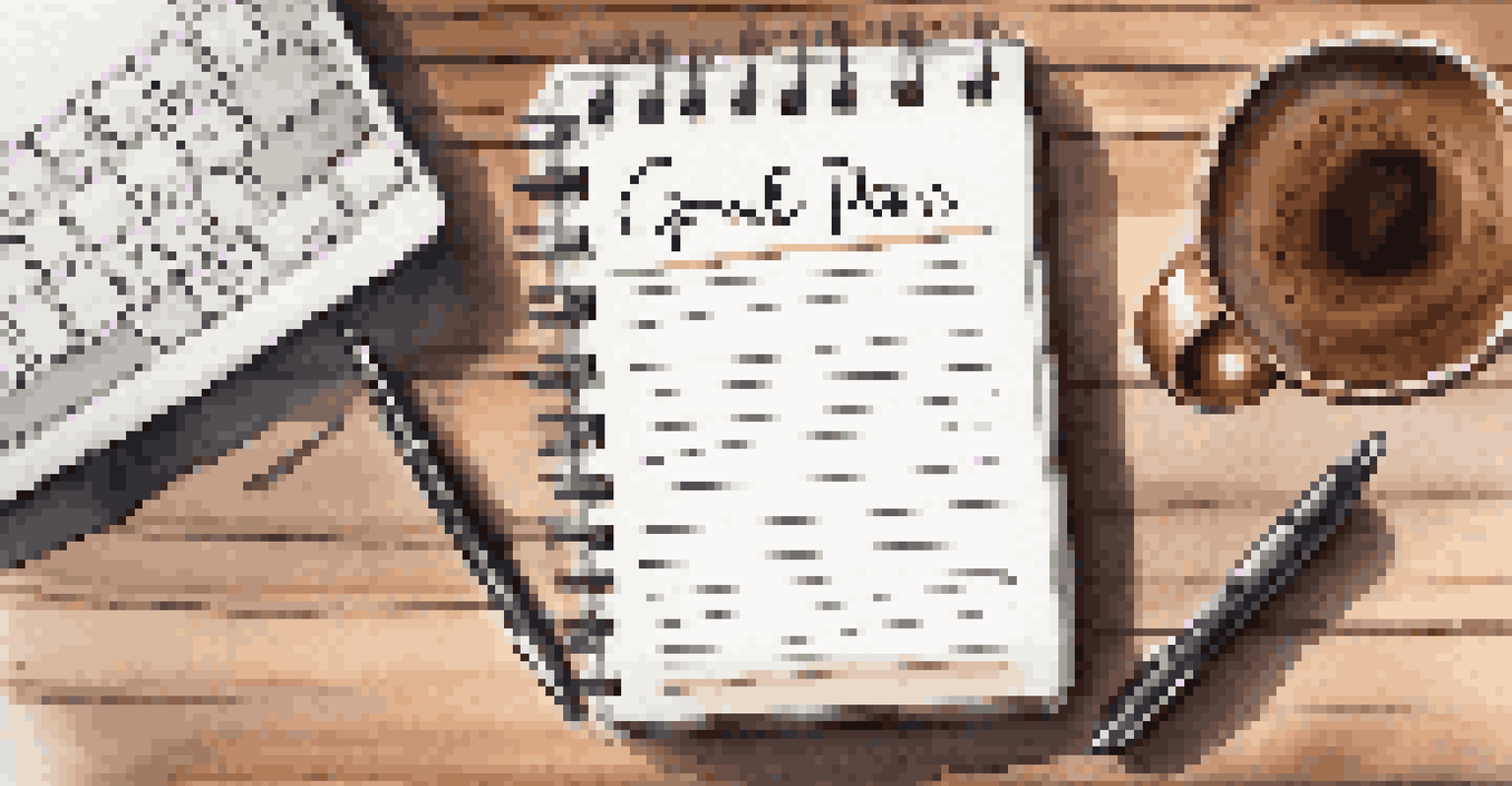 A close-up of a notepad with written goals and action plans on a wooden desk, accompanied by a pen and a coffee cup.