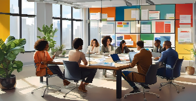 A diverse group of professionals working together in an office, showcasing inclusivity with individuals of various genders and ethnicities.